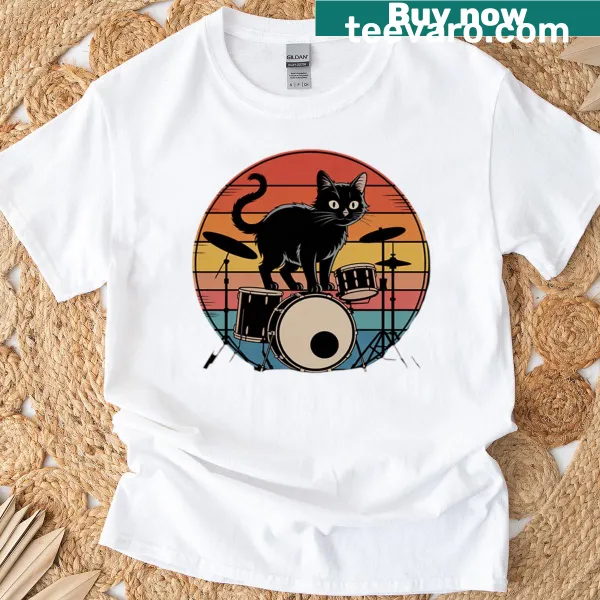 Cat playing drums with a drumset illustration on T-shirt
