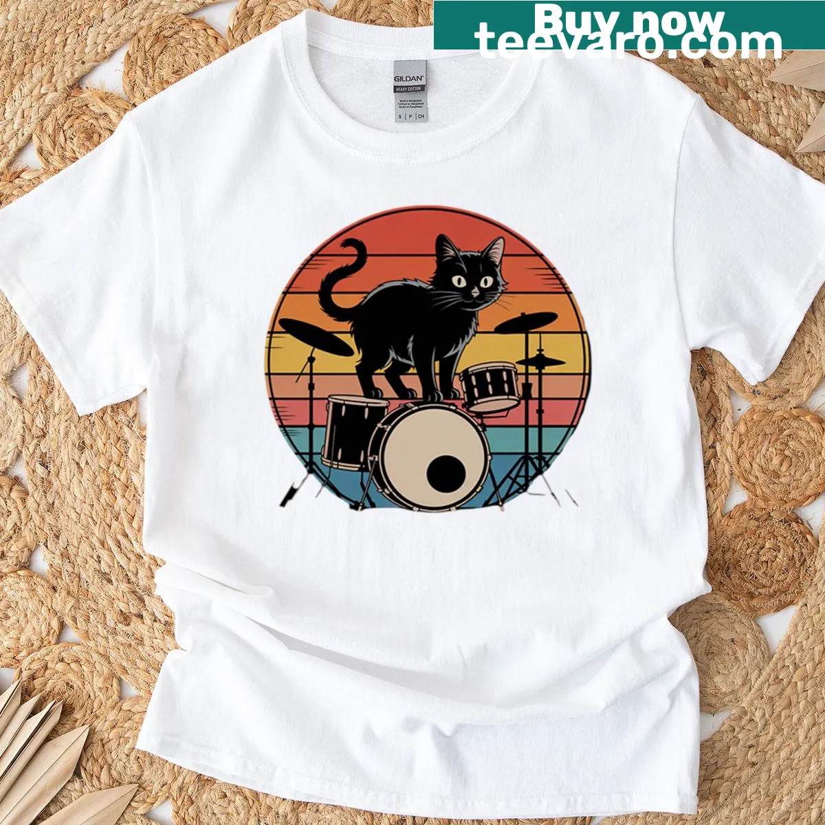 Cat playing drums with a drumset illustration on T-shirt — on a men's t-shirt