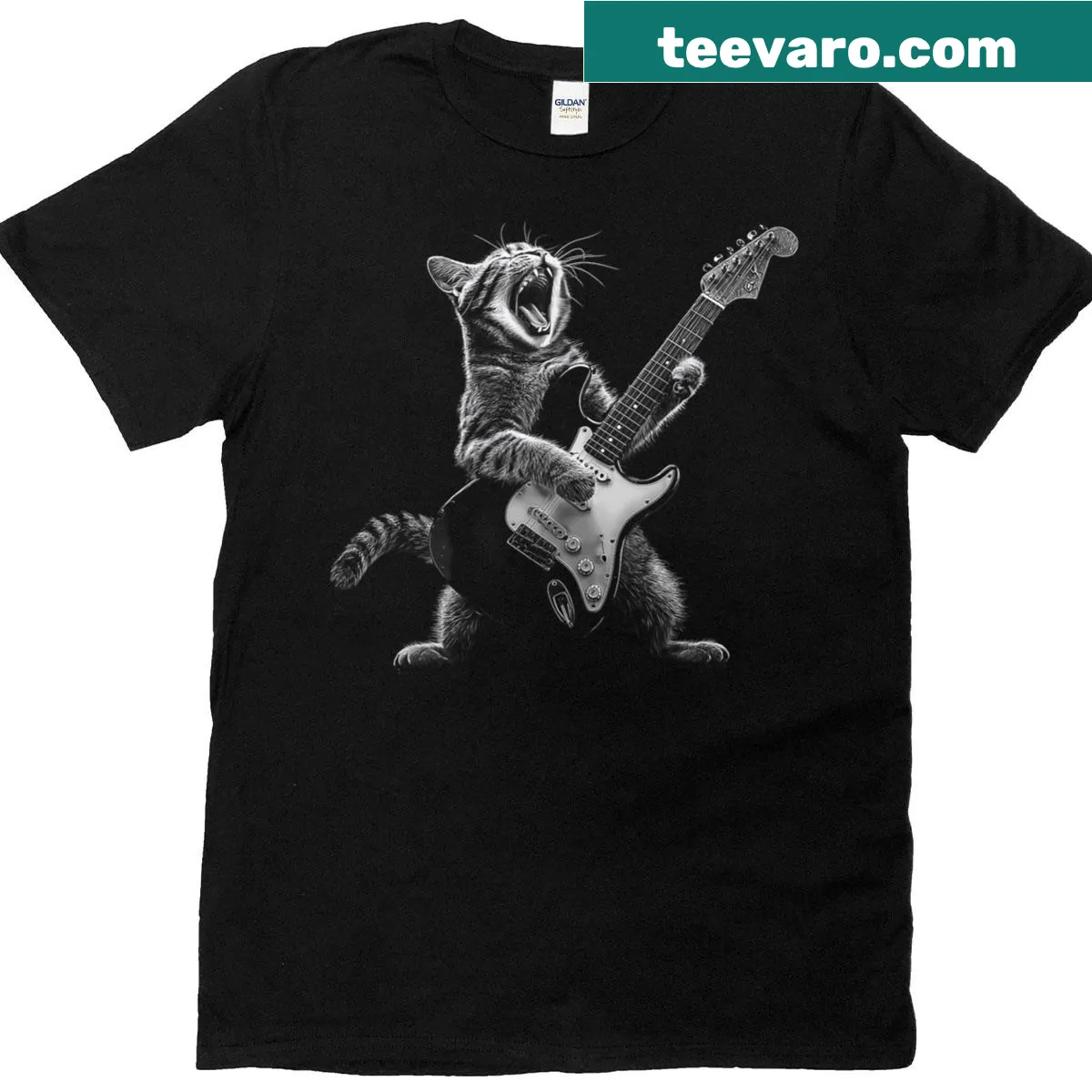 Whimsical cat playing electric guitar illustration t-shirt — on a men's t-shirt