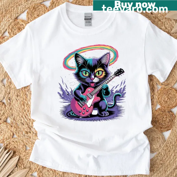 Illustration of a cat playing guitar on a t-shirt