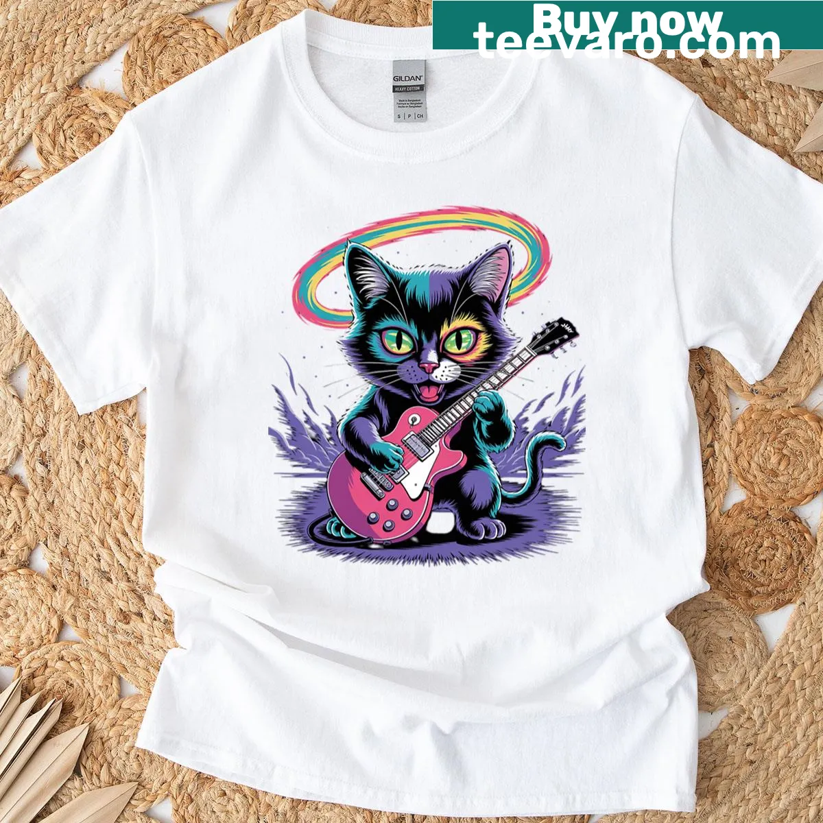 Illustration of a cat playing guitar on a t-shirt — on a men's t-shirt
