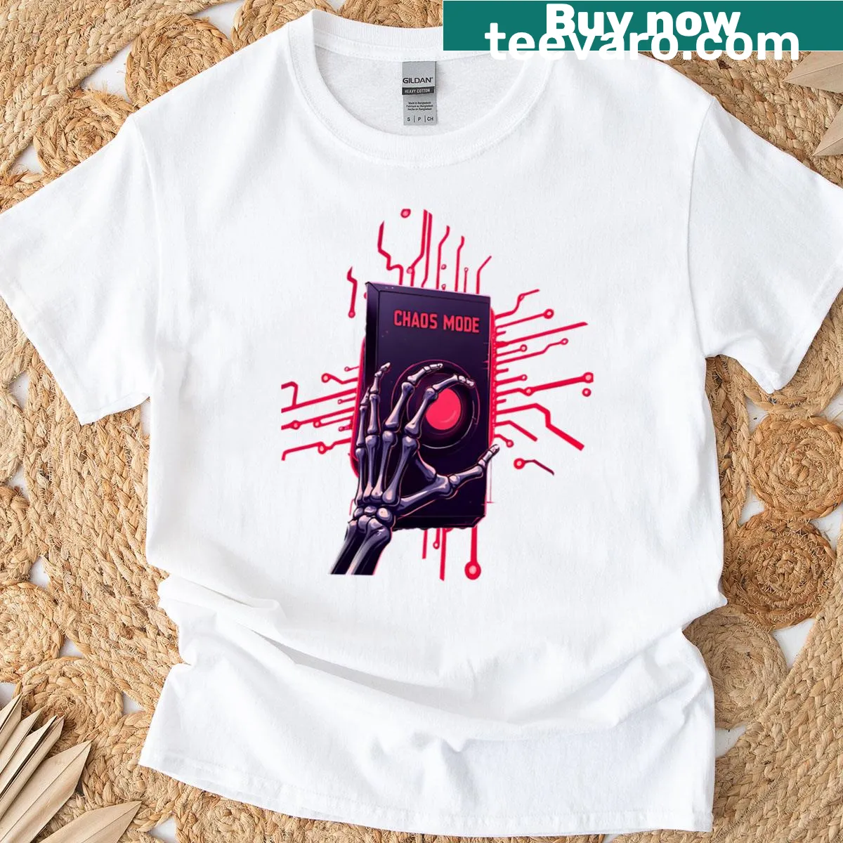 Chaos Mode System Overdrive t-shirt with bold typography — on a men's t-shirt