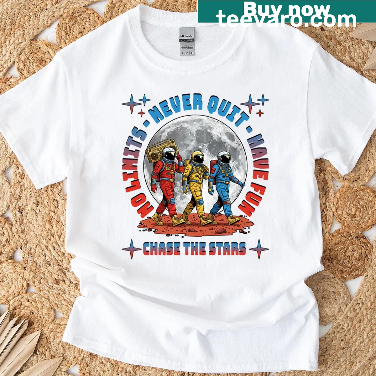 Astronaut reaching for stars graphic t-shirt for dreamers — on a men's t-shirt