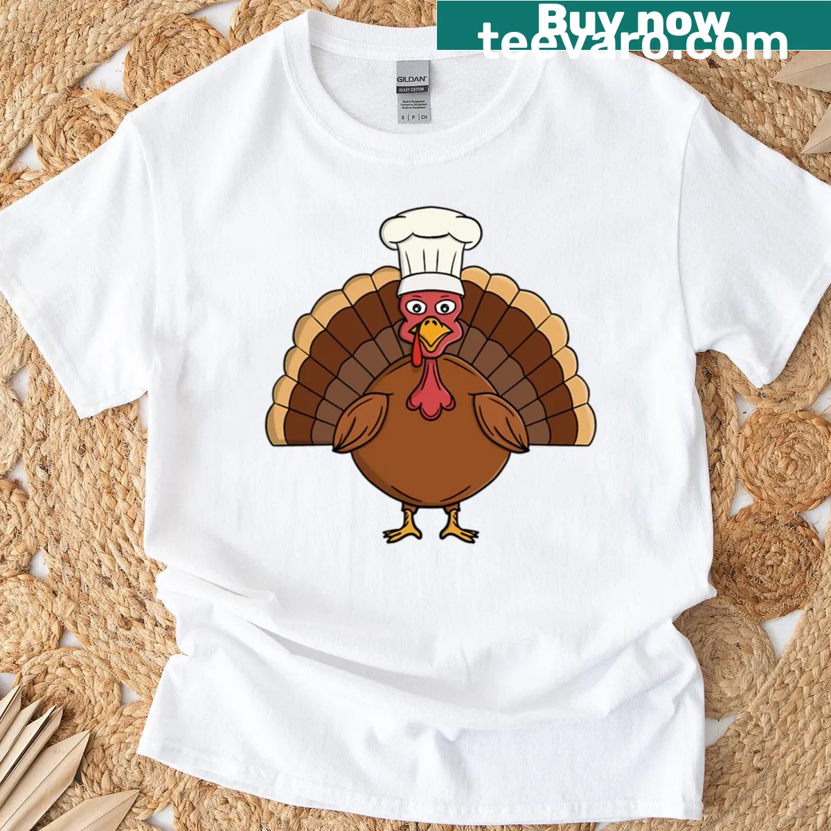 Cartoon turkey wearing a chef hat for Thanksgiving t-shirt — on a men's t-shirt