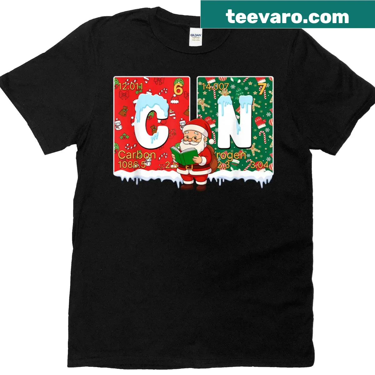 Humorous Christmas-themed science T-shirt with periodic table — on a men's t-shirt