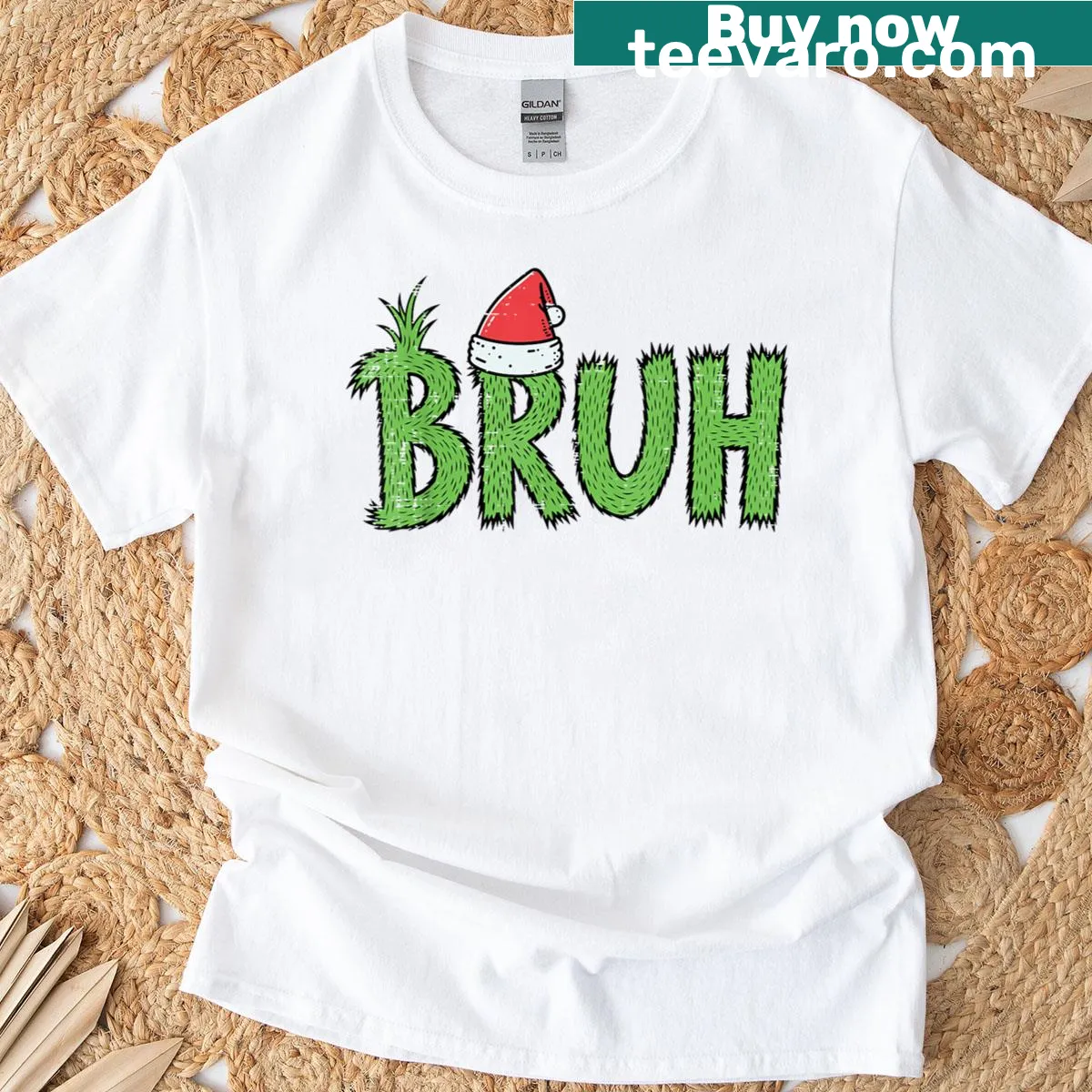 Funny Christmas T-shirt with Santa hat and 'Bruh' text — on a men's t-shirt