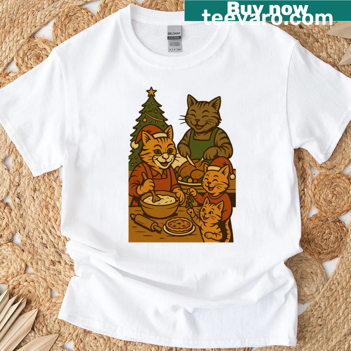 Cute vintage Christmas cat family cooking t-shirt — on a men's t-shirt