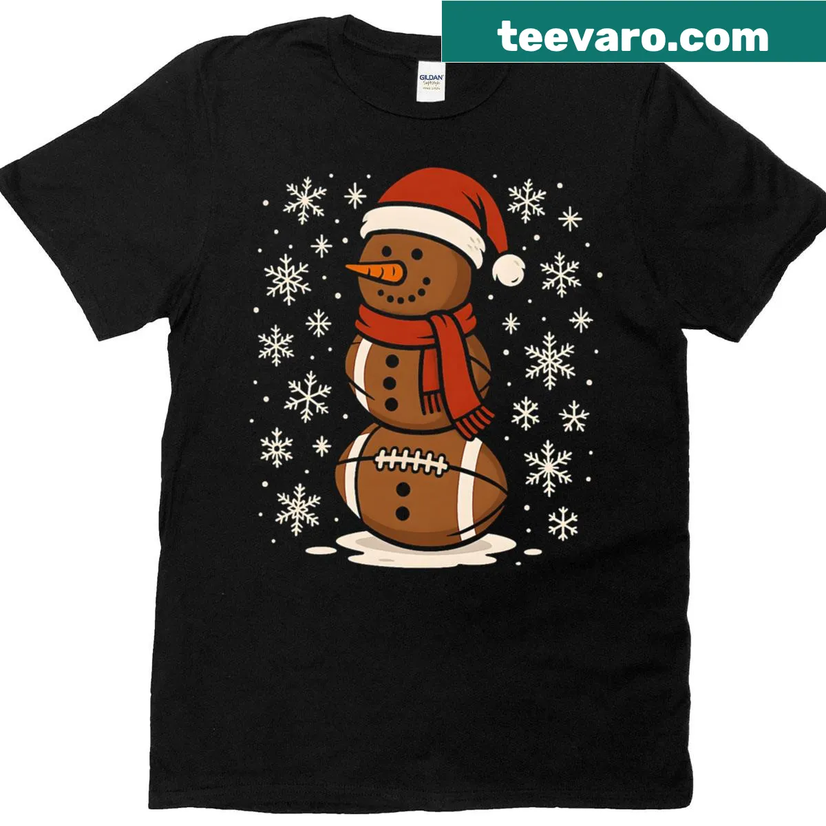 Funny Christmas T-shirt with snowman in Santa hat holding a football — on a men's t-shirt