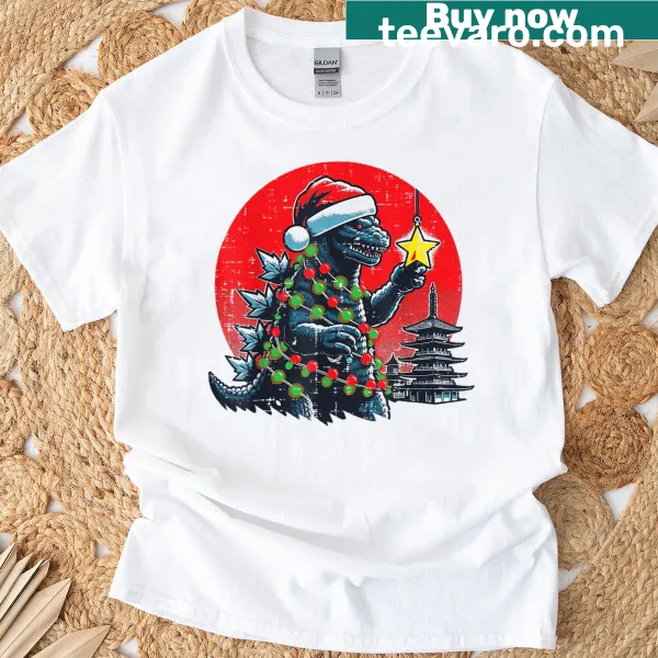 Whimsical Japanese monster Santa T-shirt with a starry Christmas theme