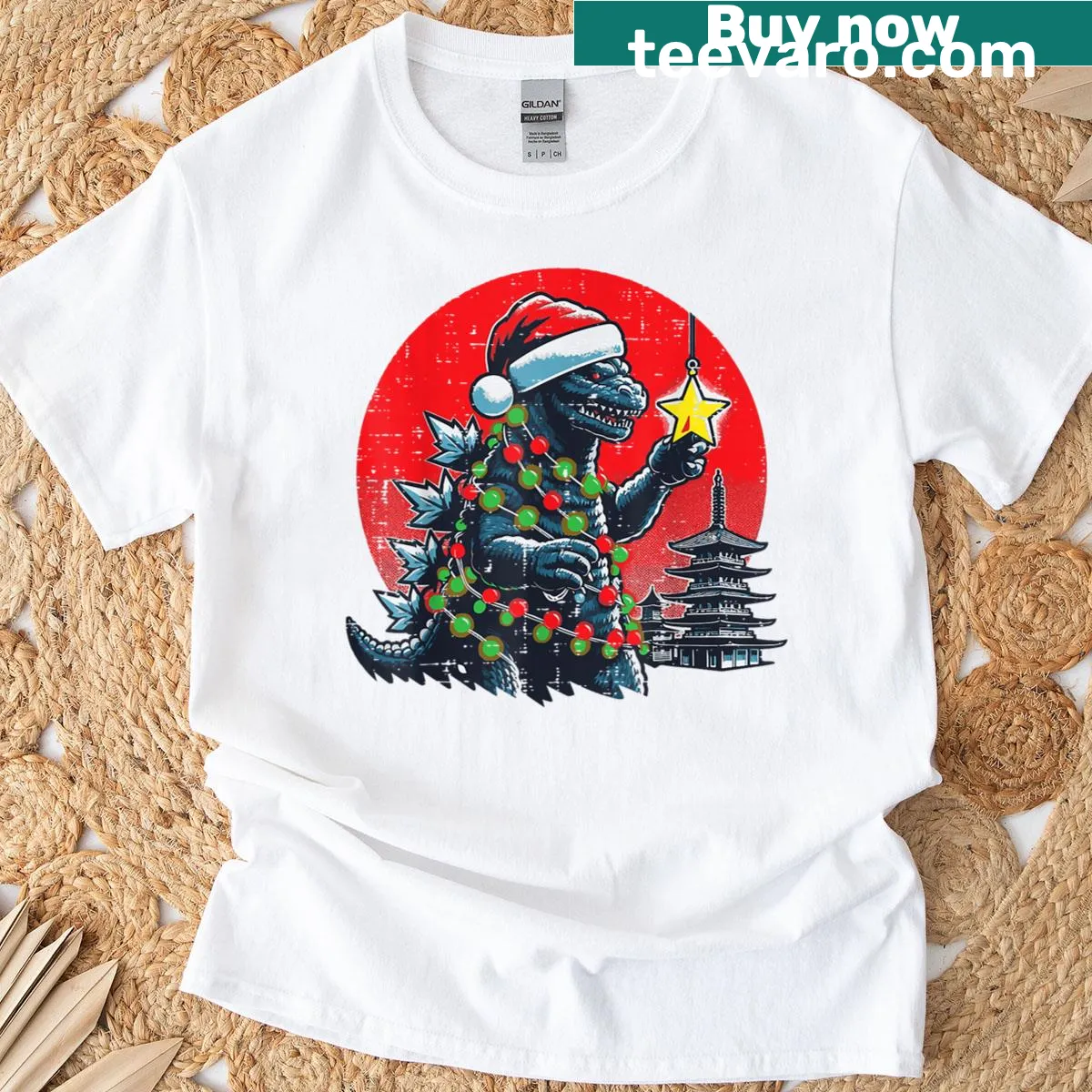 Whimsical Japanese monster Santa T-shirt with a starry Christmas theme — on a men's t-shirt