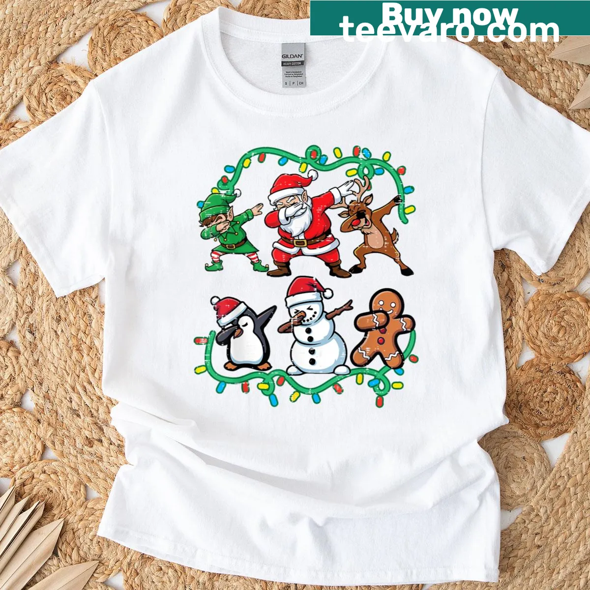 Christmas t-shirt with cartoon Santa, elf, and reindeer dabbing — on a men's t-shirt
