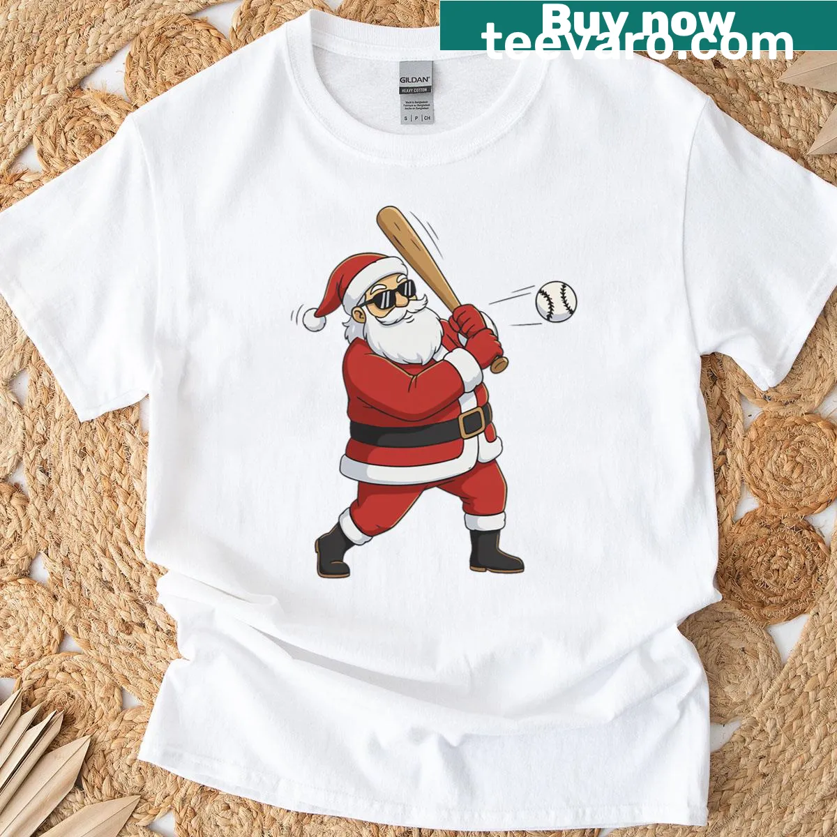 Funny Christmas Santa baseball t-shirt with humorous illustration — on a men's t-shirt