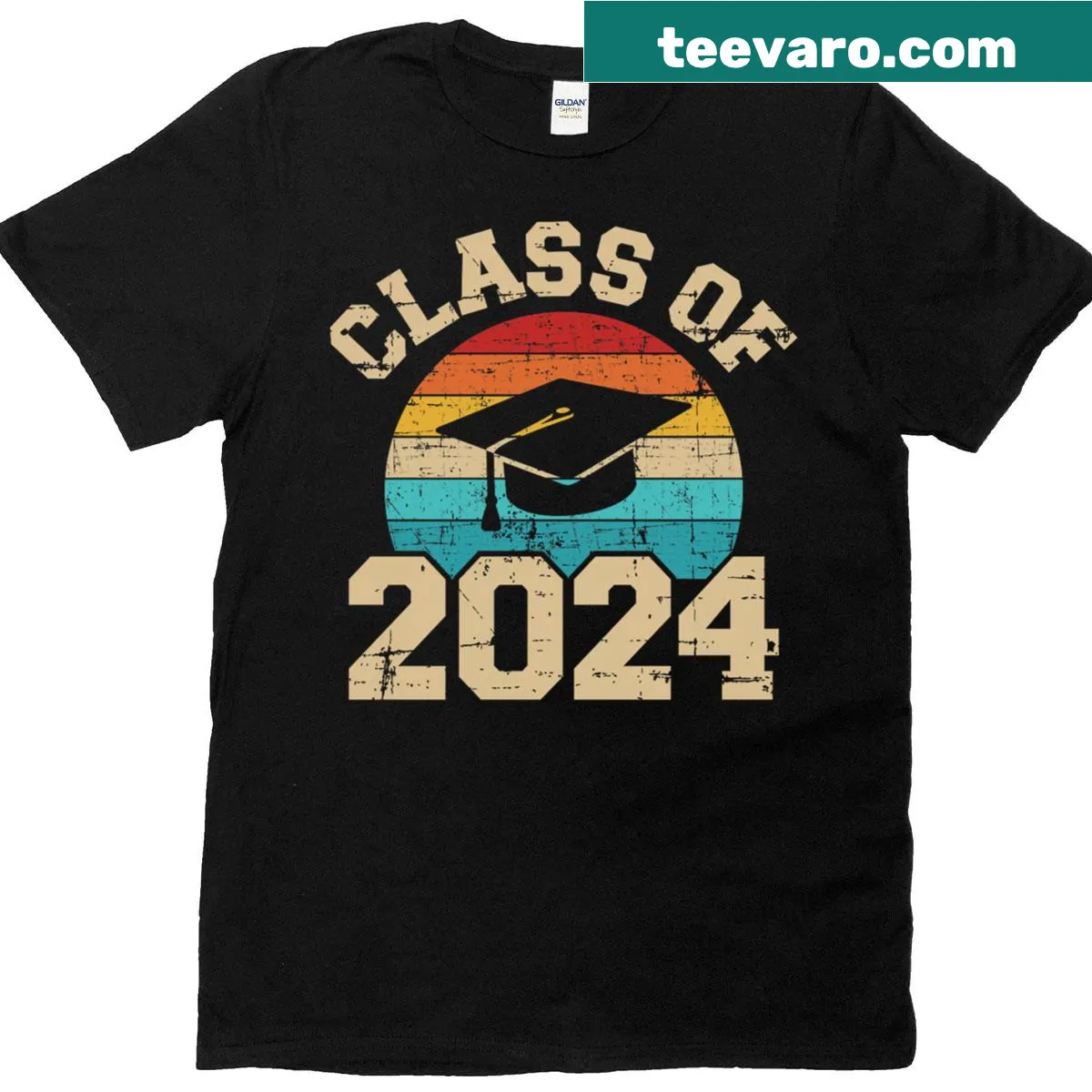 Retro graduation T-shirt featuring the Class of 2024 and a graduation hat — on a men's t-shirt
