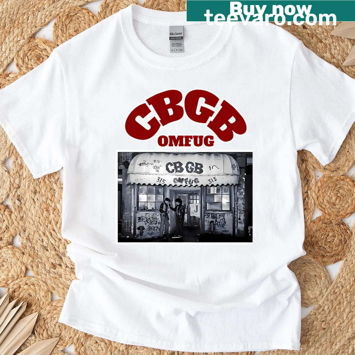 Vintage-style Omfug music logo graphic on a T-shirt — on a men's t-shirt