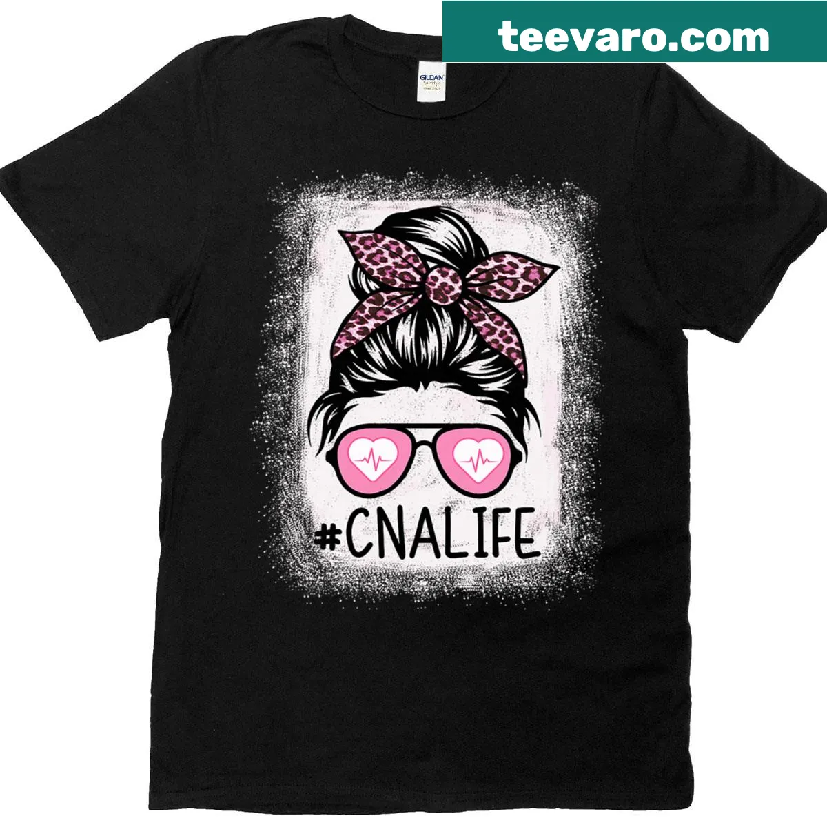 Vintage style CNA Nurse t-shirt with messy bun and leopard print — on a men's t-shirt