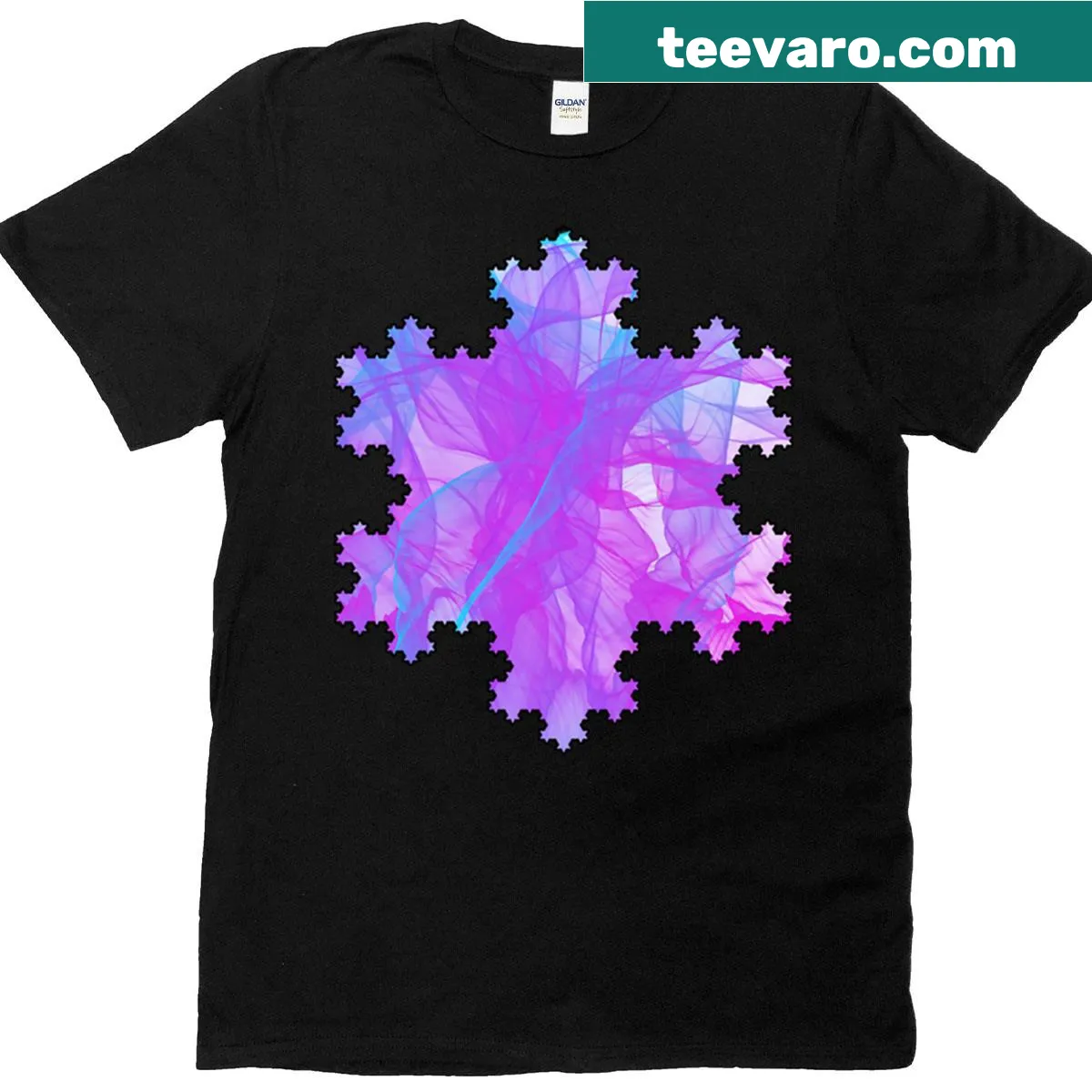Intricate fractal snowflake graphic on a geometric design T-shirt — on a men's t-shirt