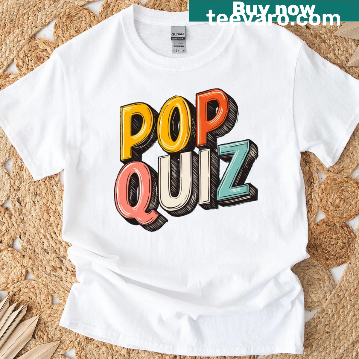 Playful typography design featuring a Pop Quiz theme — on a men's t-shirt