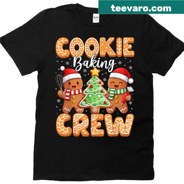 Illustrated T-shirt with gingerbread cookies and 'Cookie Baking Crew' text for kids.