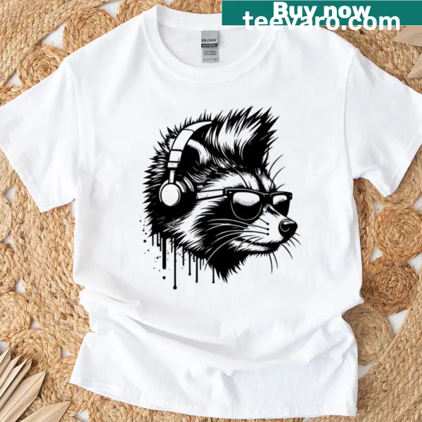 Raccoon DJ synthwave graphic t-shirt