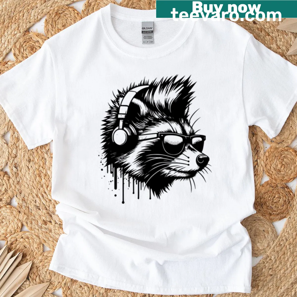 Raccoon DJ synthwave graphic t-shirt — on a men's t-shirt