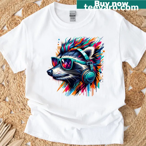 Neon raccoon DJ graphic on a vibrant music-themed t-shirt
