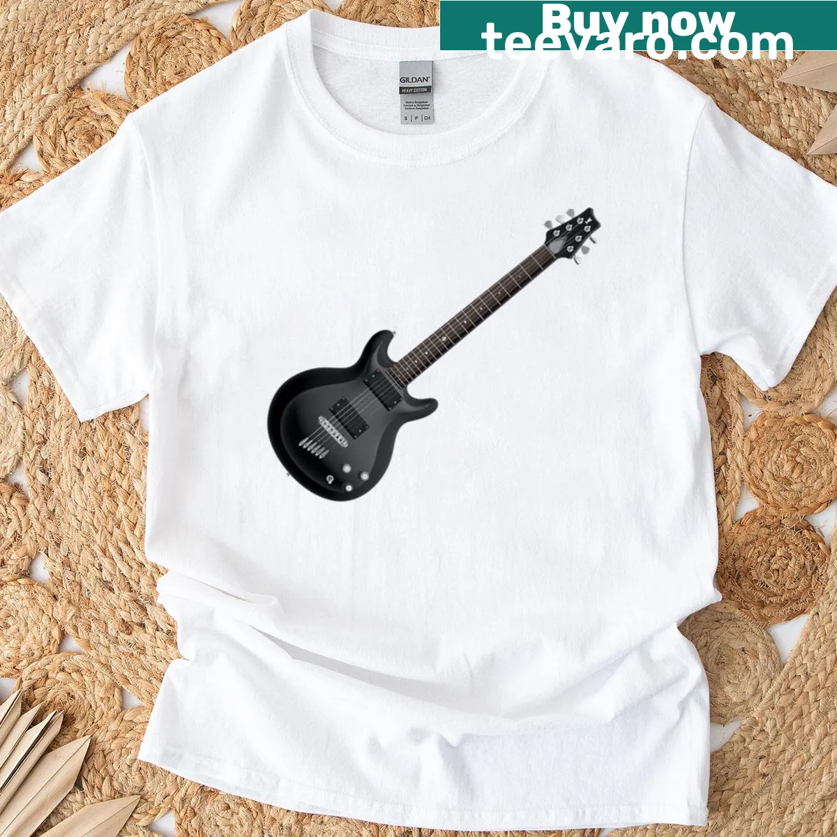 Red guitar graphic t-shirt with a 3D drawing style — on a men's t-shirt