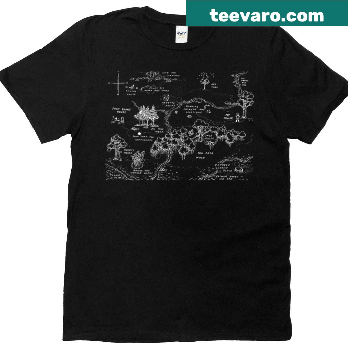 Illustrated map of Hundred Acre Wood from Winnie the Pooh on a T-shirt — on a men's t-shirt