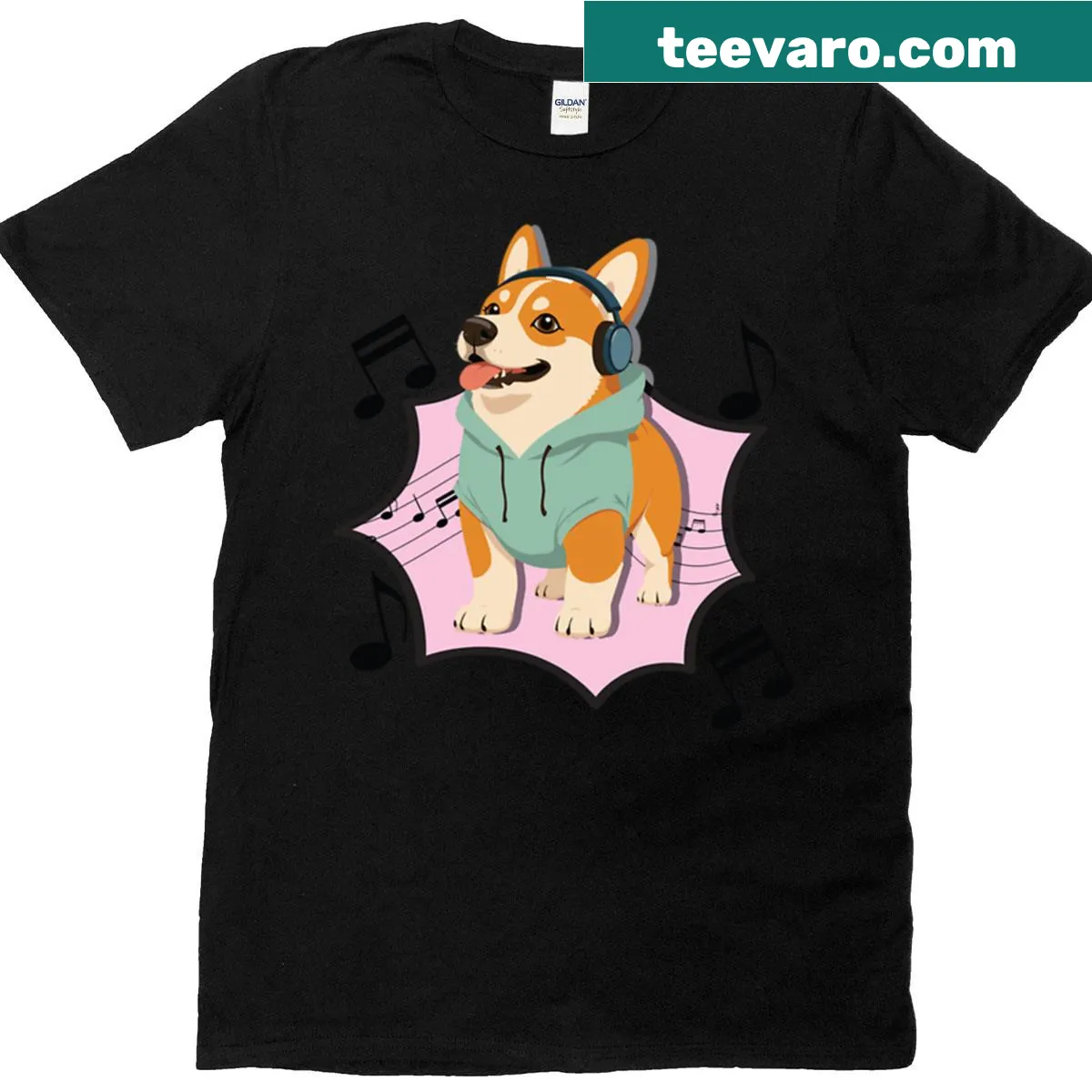 Cute corgi wearing headphones with music notes on a T-shirt — on a men's t-shirt