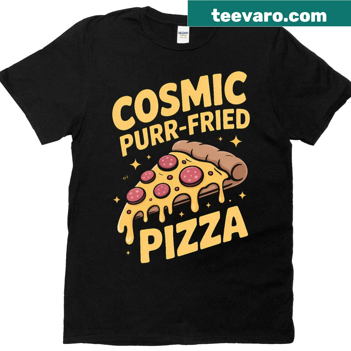 Cosmic cat illustration with pizza and stars on a t-shirt — on a men's t-shirt