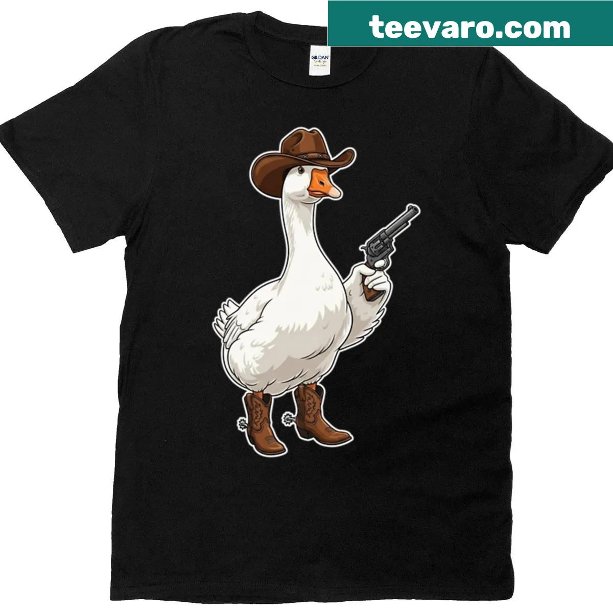 Playful cowboy goose graphic on T-shirt — on a men's t-shirt