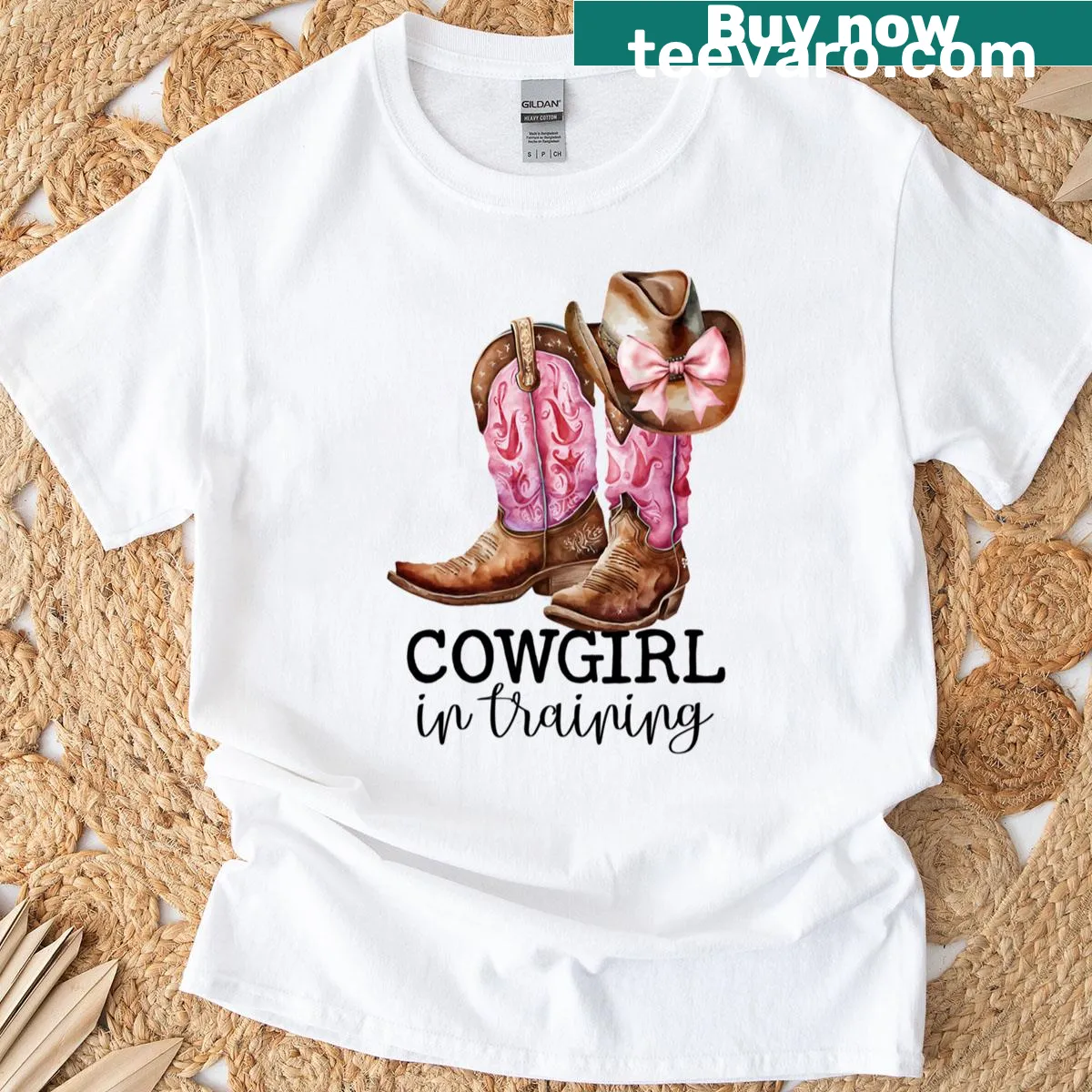 Cartoon t-shirt with 'Cowgirl In Training' text and illustrations of boots and hat — on a men's t-shirt
