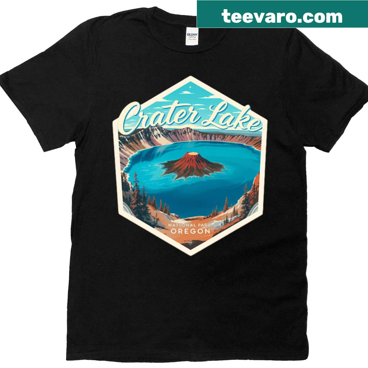 Illustrated Crater Lake National Park t-shirt featuring scenic design — on a men's t-shirt