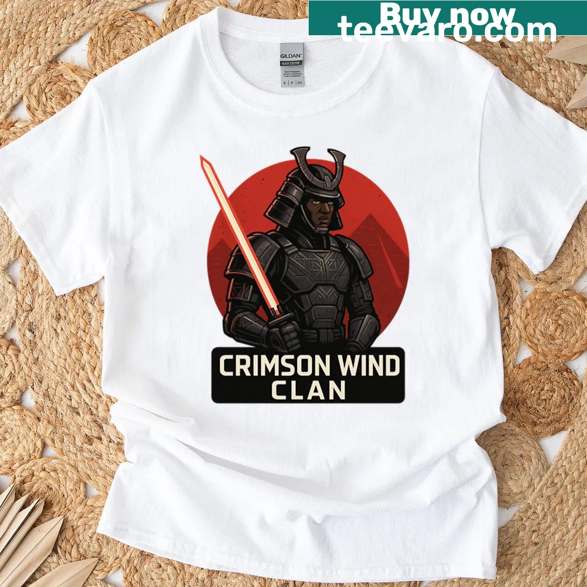 Illustrative African Samurai design representing the Crimson Wind Clan — on a men's t-shirt