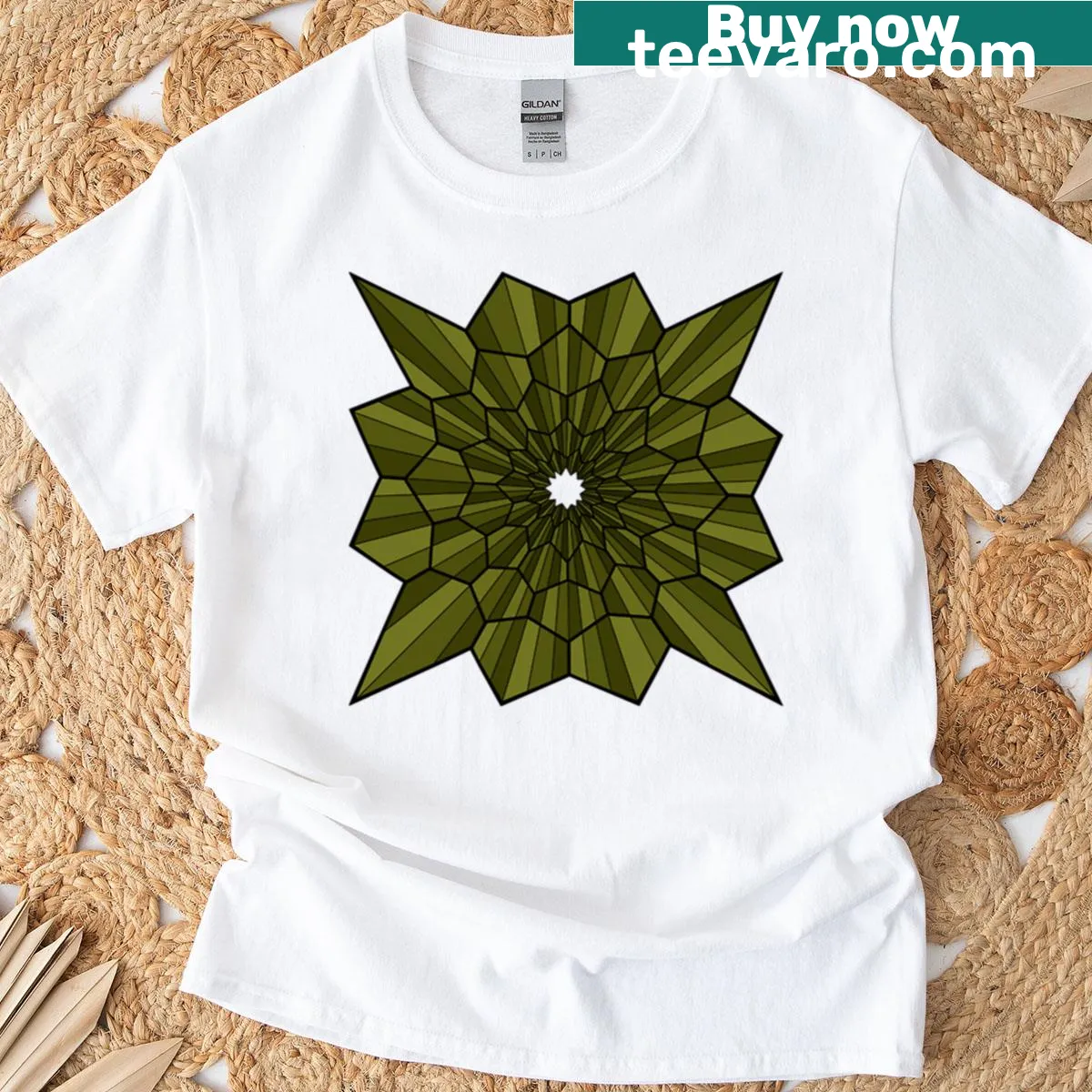 T-shirt featuring an abstract crystalline vortex design — on a men's t-shirt