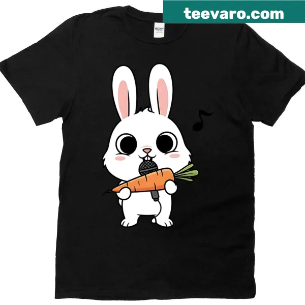 Cartoon bunny with microphone and carrot graphic on t-shirt