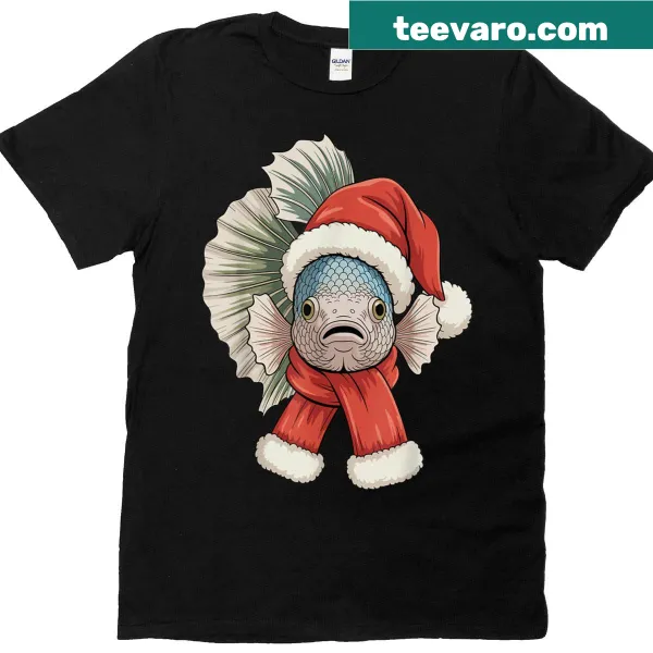Cute betta fish dressed as Santa on a Christmas t-shirt