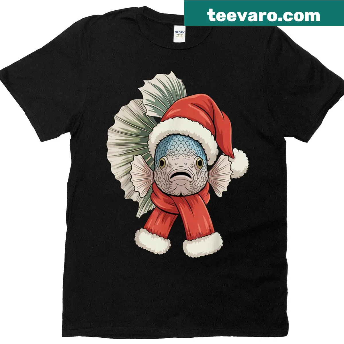 Cute betta fish dressed as Santa on a Christmas t-shirt — on a men's t-shirt