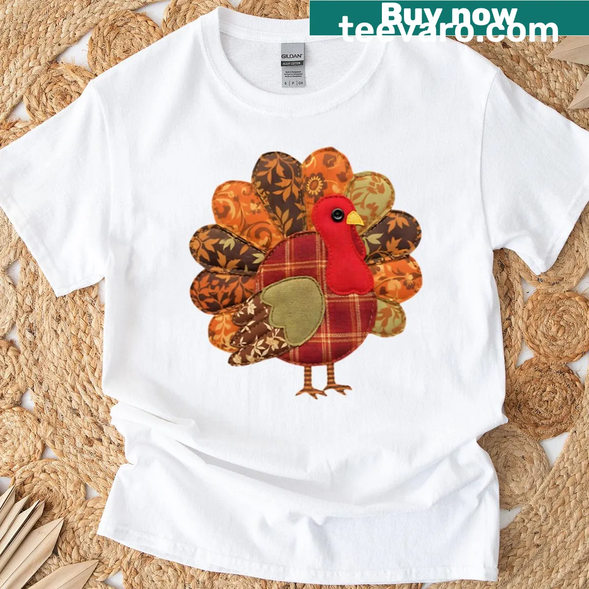 Vintage-style Thanksgiving t-shirt featuring a cute patchwork turkey design — on a men's t-shirt