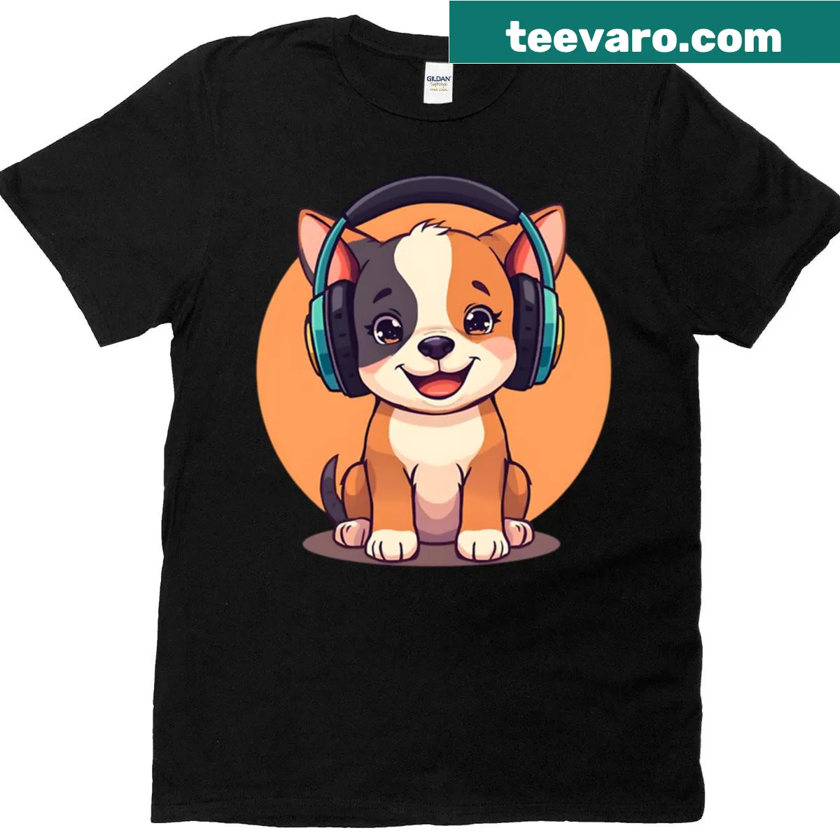 Illustration of a cute puppy with headphones on a t-shirt — on a men's t-shirt