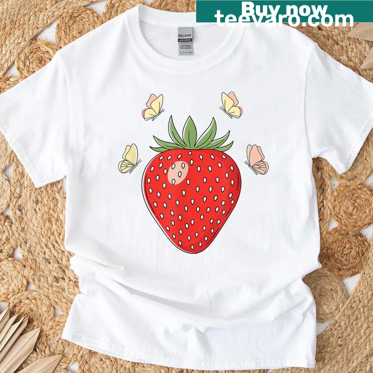 T-shirt with an illustration of butterflies and strawberries in a cute style — on a men's t-shirt