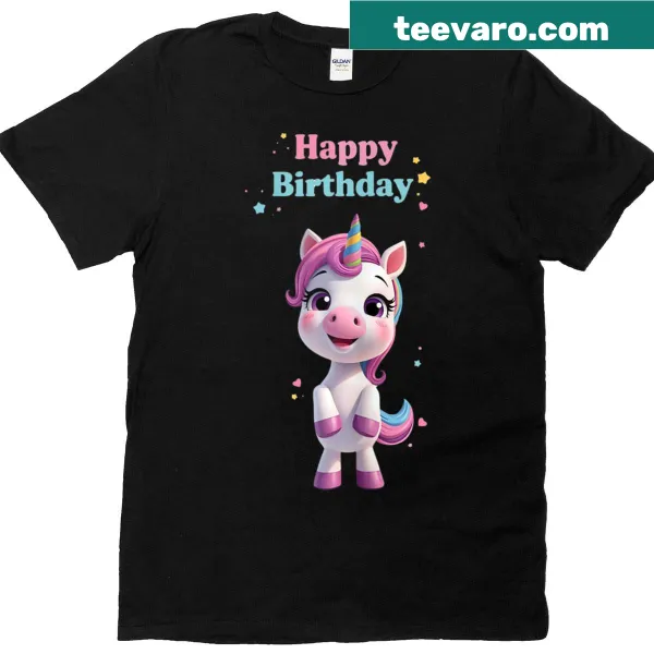 Happy Birthday unicorn t-shirt with a playful design