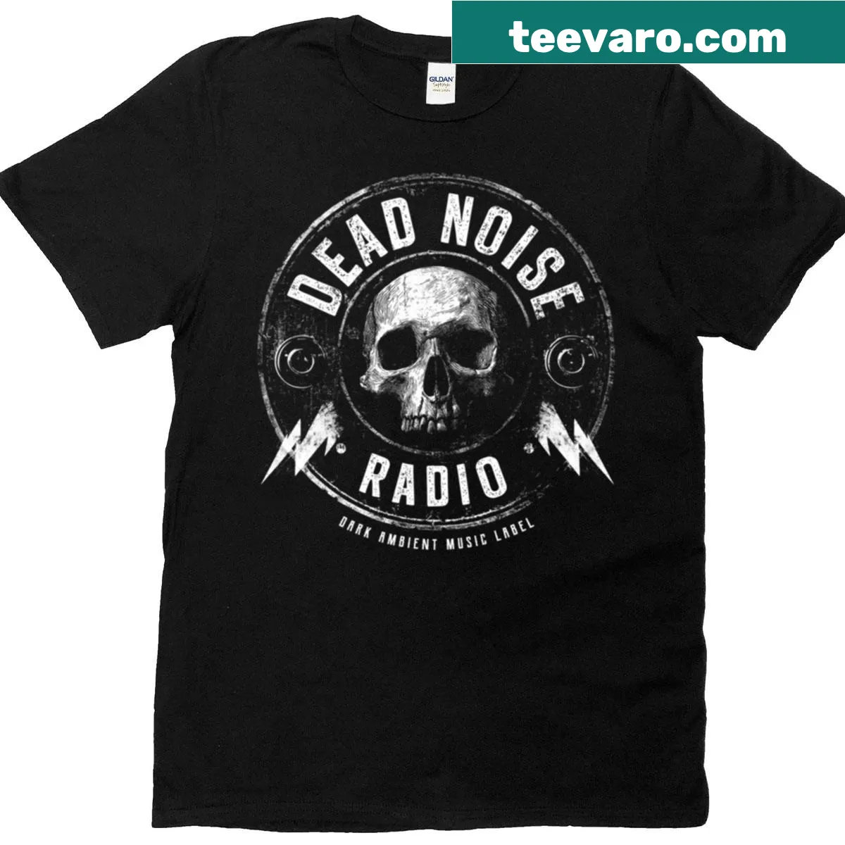 Dark ambient music label T-shirt with Dead Noise Radio logo — on a men's t-shirt