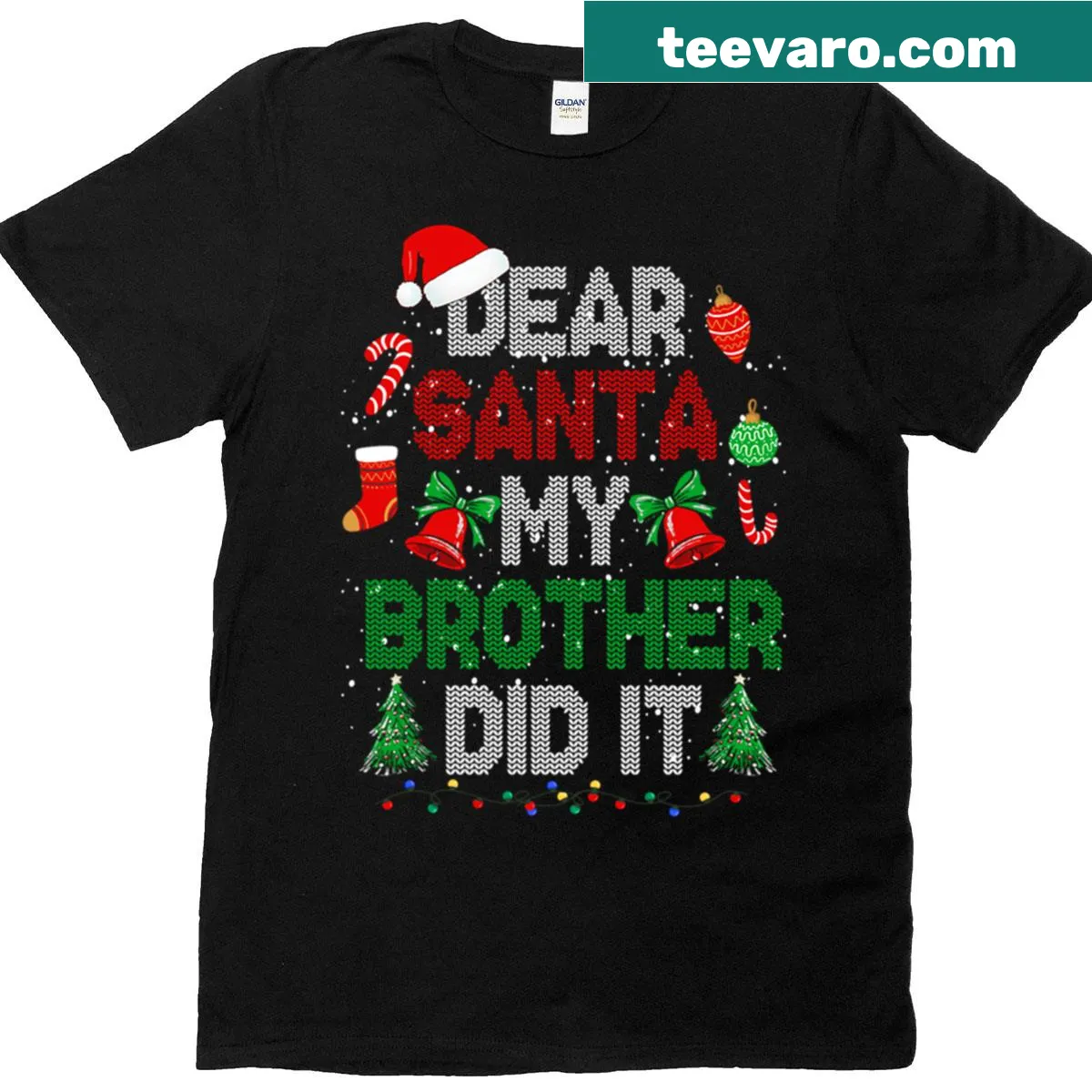 Funny Christmas t-shirt with 'Dear Santa My Brother Did It' text — on a men's t-shirt