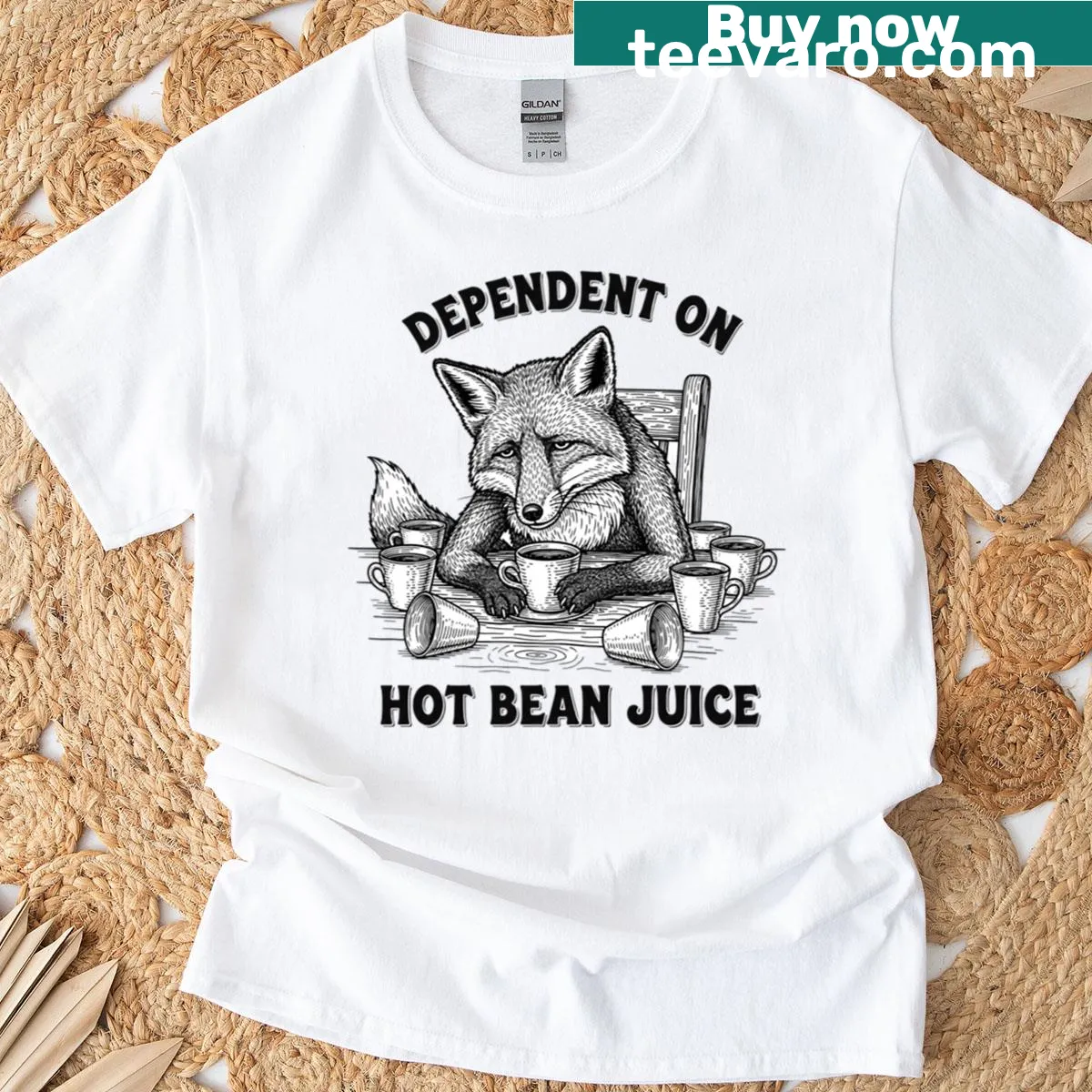 Funny coffee-themed t-shirt with the phrase 'Dependent On Hot Bean Juice' — on a men's t-shirt