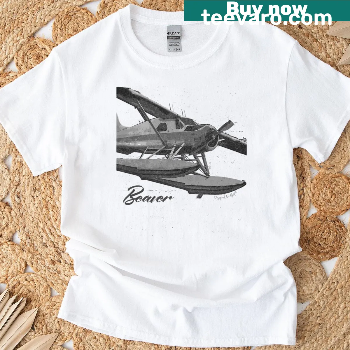 Charcoal drawing of Dhc-2 Beaver floatplane on T-shirt — on a men's t-shirt