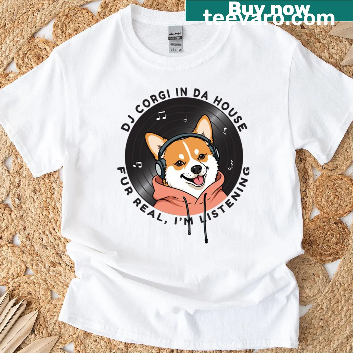 Funny DJ corgi illustration on a casual shirt — on a men's t-shirt