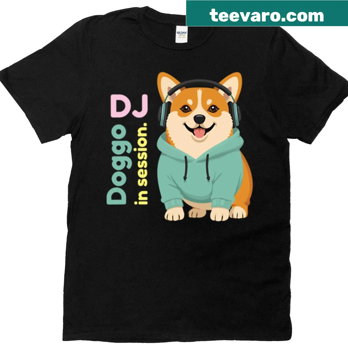 Funny cartoon corgi graphic t-shirt with headphones — on a men's t-shirt