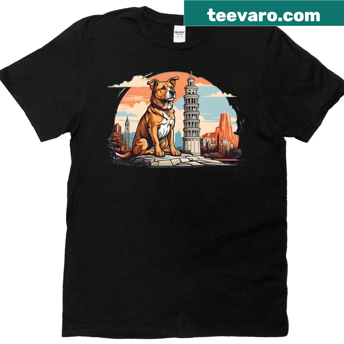 Dog in front of the Leaning Tower graphic T-shirt — on a men's t-shirt