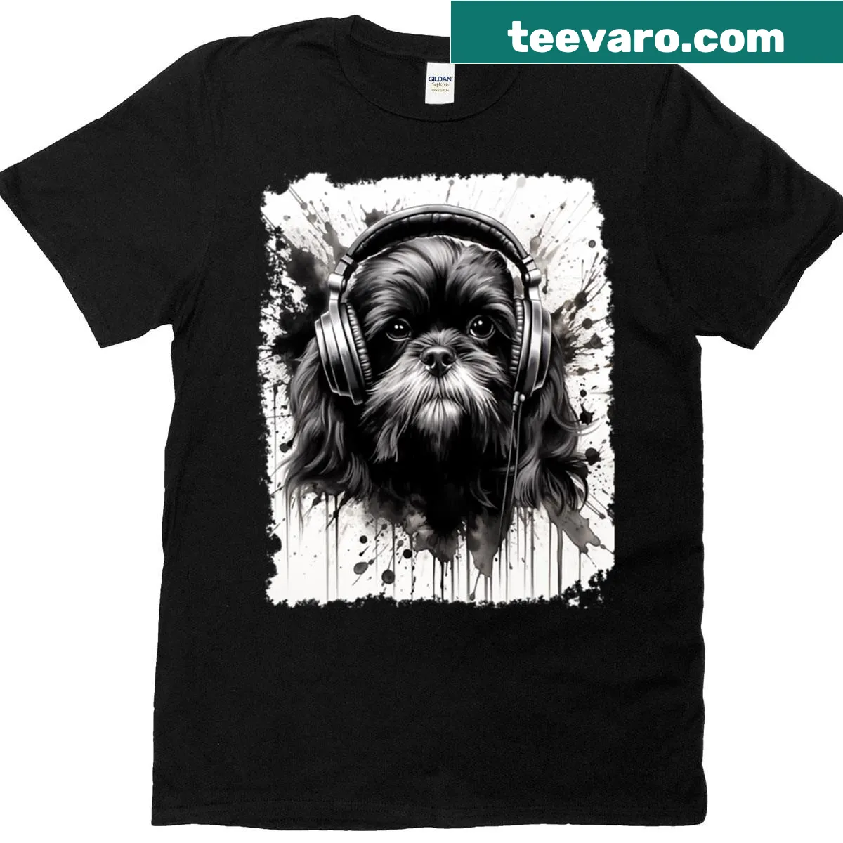 Whimsical Shih Tzu with musical notes design on a t-shirt — on a men's t-shirt