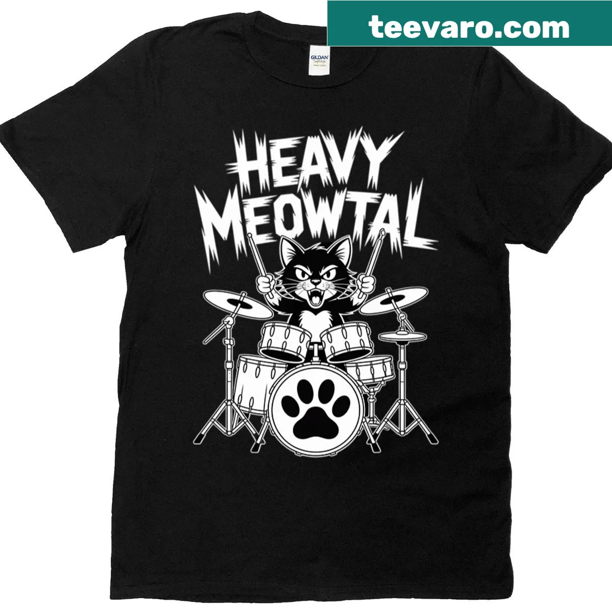 Cartoon drummer cat t-shirt design with musical notes — on a men's t-shirt